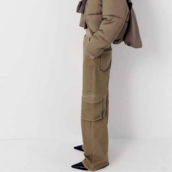 Zara Denim High Waist Full Length Wide Leg Dark Khaki Cargo Blogger Favorite - Picture 6 of 11